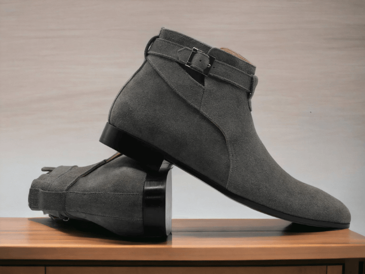 Handmade Men's Grey Chelsea Half Ankle Buckle Boot, Suede Boot, Men's Party Wear Boot