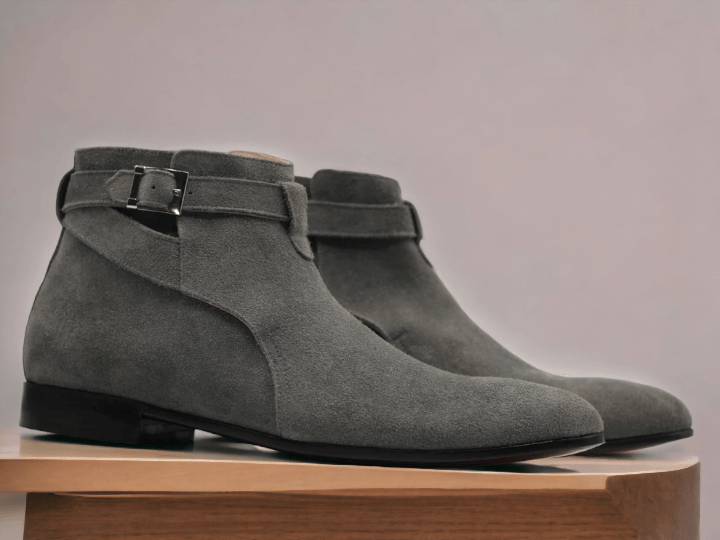 Handmade Men's Grey Chelsea Half Ankle Buckle Boot, Suede Boot, Men's Party Wear Boot