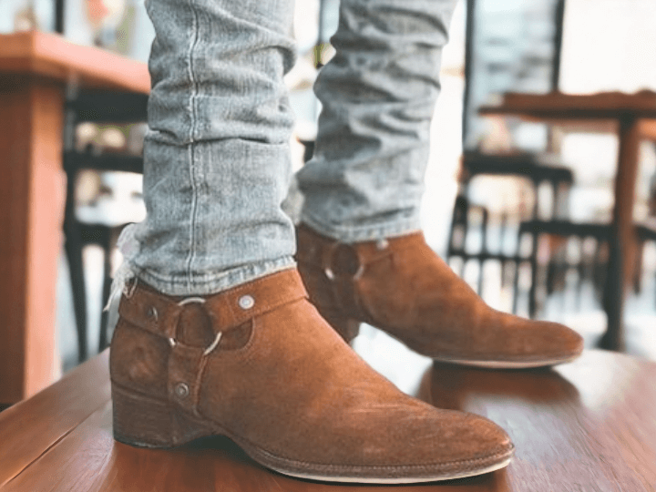 Handmade Men's Half Ankle Tan Madrid Straps Suede Boot