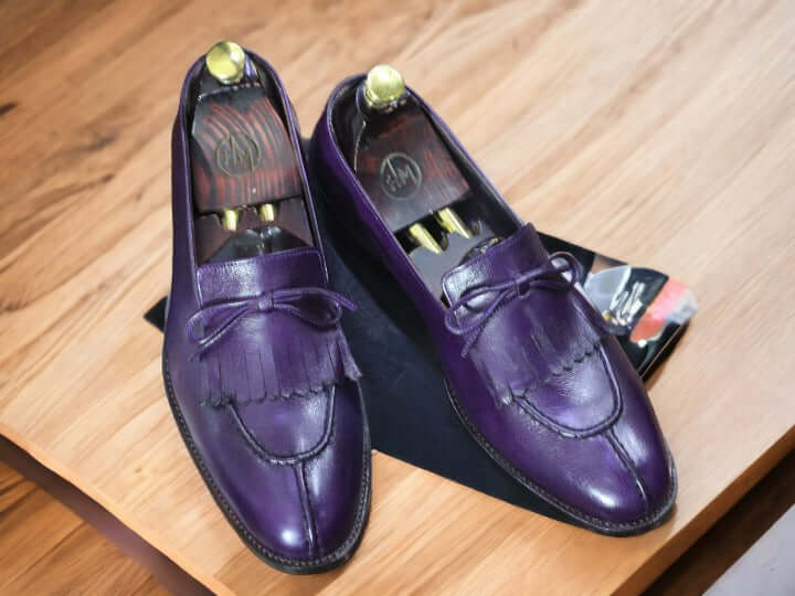 Handmade Men's Purple Fringe Leather Shoes, Men's Shoes, Slip On Moccasin Loafer Shoes