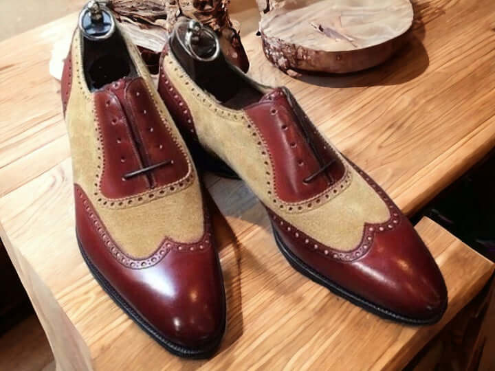 Handmade Men's Two Tone Leather Formal Shoes, Beige And Brown Dress Shoes