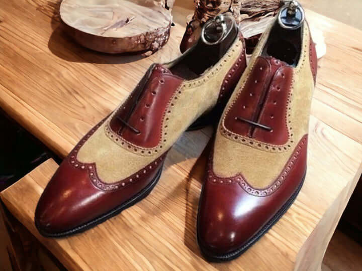 Handmade Men's Two Tone Leather Formal Shoes, Beige And Brown Dress Shoes