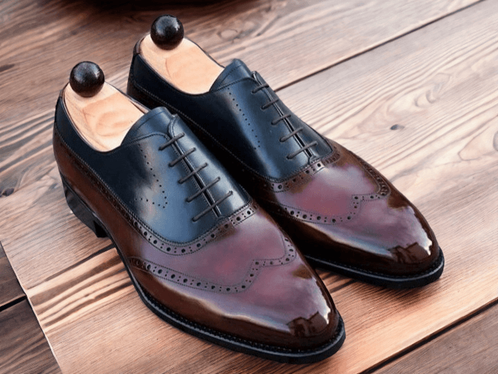 Handmade Men's Wing Tip Shoes, Men's Burgundy Black leather wing Tip Lace Up Shoes