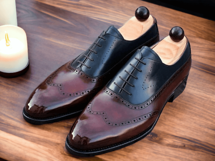 Handmade Men's Wing Tip Shoes, Men's Burgundy Black leather wing Tip Lace Up Shoes