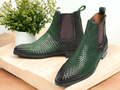 These Green handmade men's woven Chelsea leather boots offer both style and durability. Handcrafted with the finest materials, they provide a comfortable and secure fit. With a classic design, these Chelsea boots are the perfect addition to any wardrobe. Elevate your footwear game today.