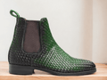 These Green handmade men's woven Chelsea leather boots offer both style and durability. Handcrafted with the finest materials, they provide a comfortable and secure fit. With a classic design, these Chelsea boots are the perfect addition to any wardrobe. Elevate your footwear game today.