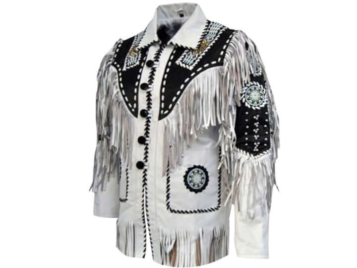 Handmade Pure Black&White Leather Fringe Jacket, Cow Boy Western Leather Jacket