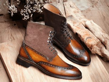 Handmade Suede & Leather Ankle Lace Up Boots For Men's, Luxury Boot