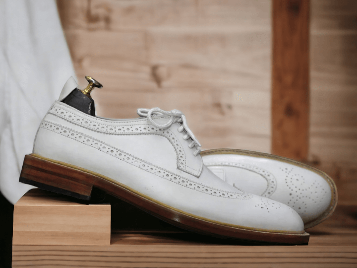 Handmade White Colour Leather Wing Tip Brogue Dress Formal Shoes