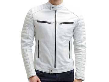 Handmade White Leather Jacket, Men's Zipper Jacket, Biker Jacket For Men's