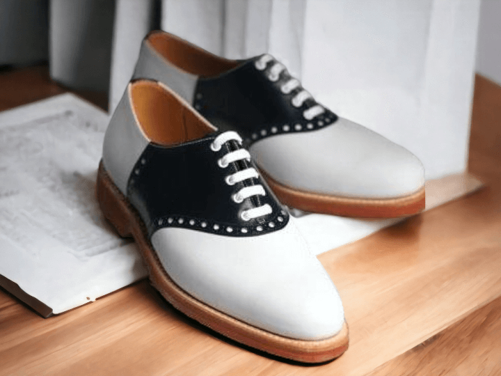 Handmade White & Black Leather Derby Lace Up Dress Shoes For Men's