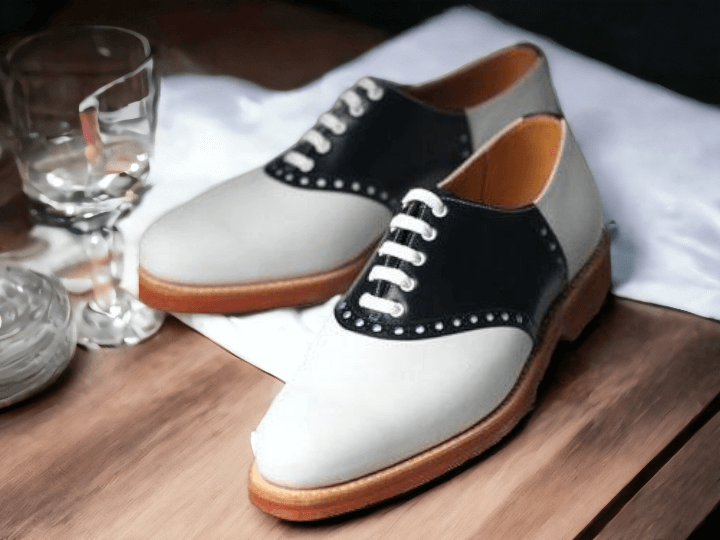 Handmade White & Black Leather Derby Lace Up Dress Shoes For Men's