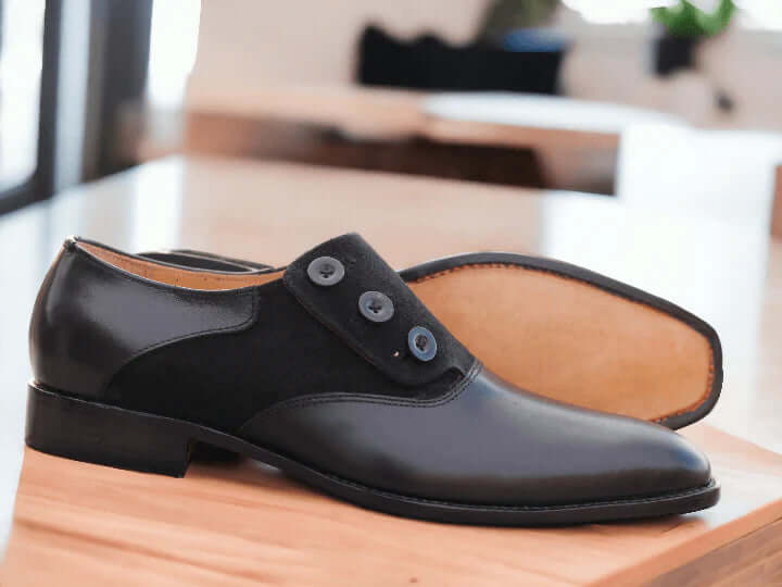 Handmade Black Button Shoes, Men Leather & Suede Designer Shoes
