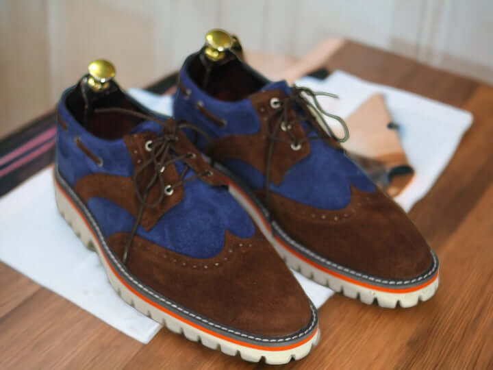 Men's Handmade Blue Brown Suede Shoes, Rubber Sole Shoes, Dress Shos