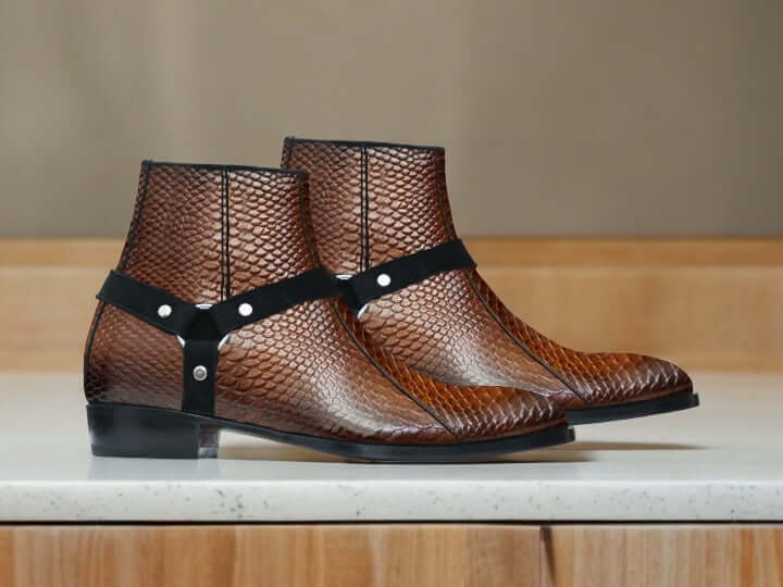 Bespoke Handmade Brown Python Leather Boots, Two Tone Biker Boots