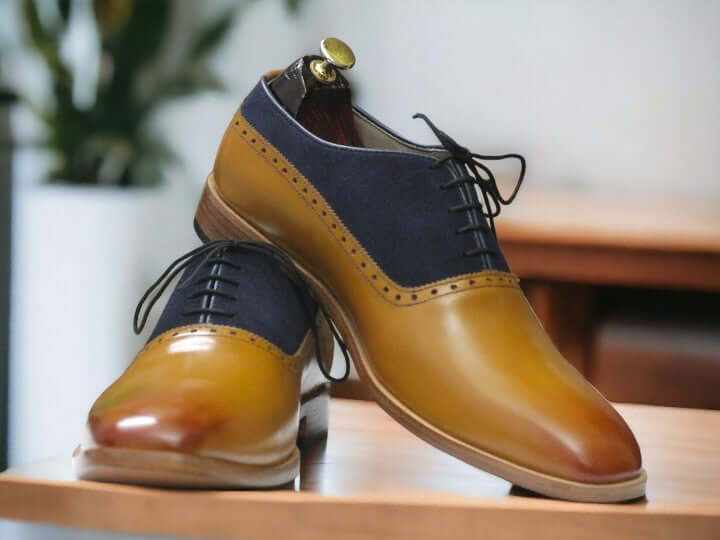 Men Handmade Tan Navy Two Tone Oxfords Shoes, Lace up Dress Shoe