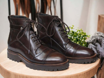 Handmade Dark Brown Lace Up Cap Toe Boot, Luxury Rubber Sole Boot