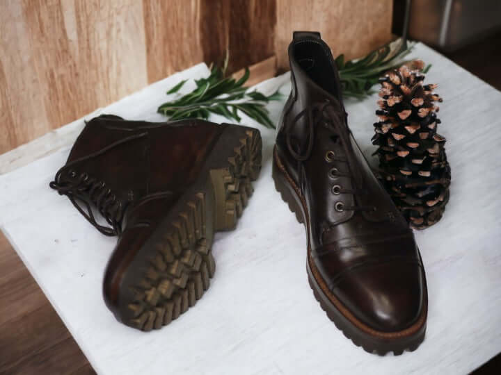 Handmade Dark Brown Lace Up Cap Toe Boot, Luxury Rubber Sole Boot