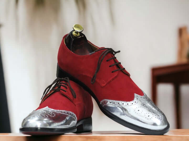 Handmade Burgundy Silver Lace Up Wing Tip Shoes