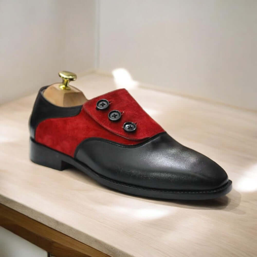 Handmade Black Burgundy Button Shoes, Men Leather & Suede Designer Shoes For Men