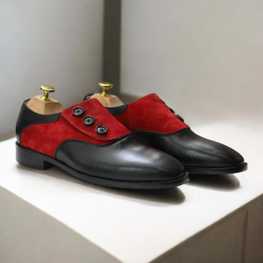 Handmade Black Burgundy Button Shoes, Men Leather & Suede Designer Shoes For Men