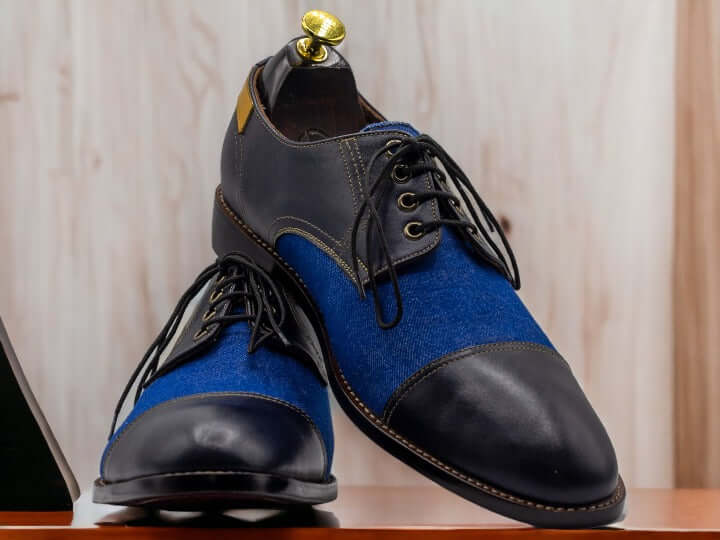 These classic blue denim leather shoes are of the highest quality, handmade with leather and suede for a unique and timeless look. Enjoy superior comfort and style with a pair of these luxurious designer shoes.