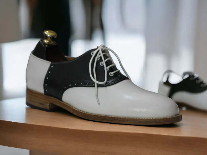 Men Handmade Saddle Shoes For Men, Black Off white Shoe