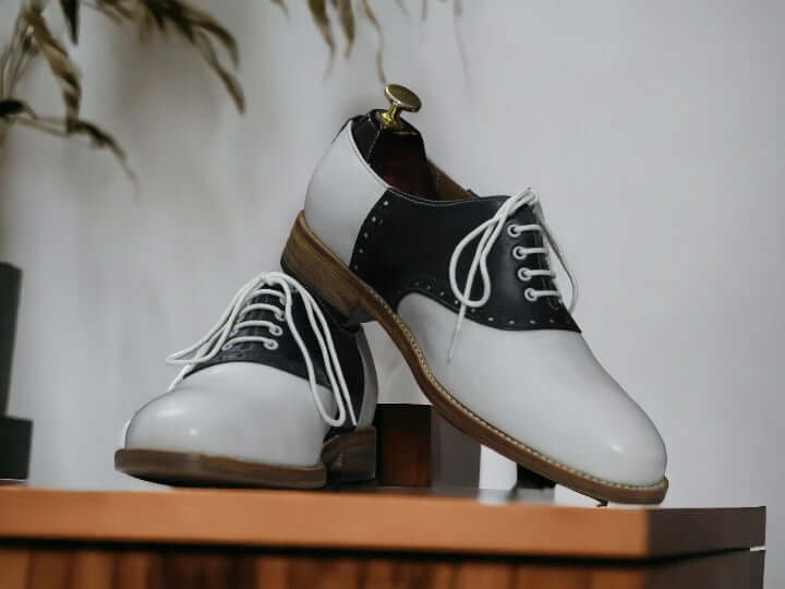 Men Handmade Saddle Shoes For Men, Black Off white Shoe