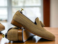 Handmade Men's Beige Suede Loafer Tussle Shoes, Slip On Mocasin Shoes