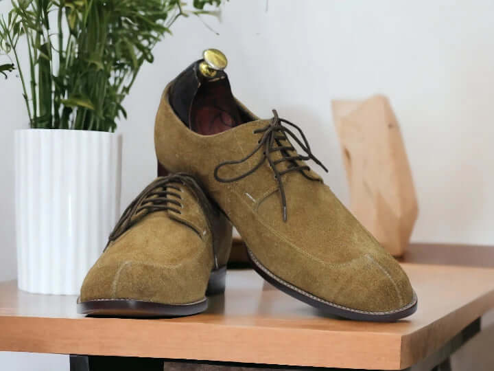 Derby Split Toe Camel Suede, New Handmade Men Designer Shoe