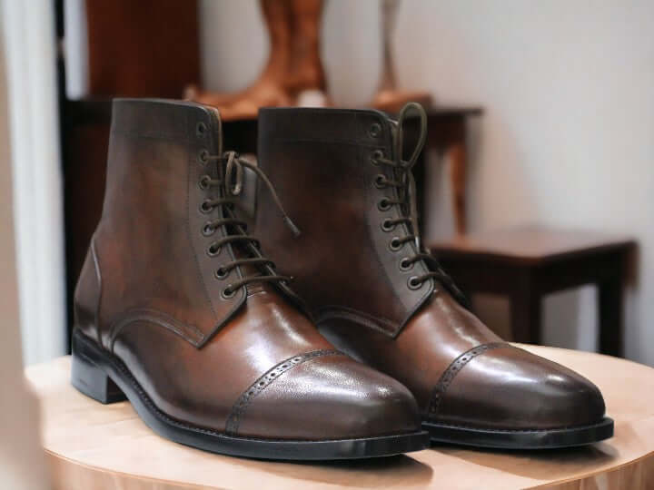 These Men's Brown Vintage Leather Boots are handcrafted using high-quality brown leather, making them durable and stylish. These versatile boots are perfect for any occasion, from dressing up for a night out to a more casual look for everyday wear. The buckle detail adds a touch of sophistication to these classic ankle boots.