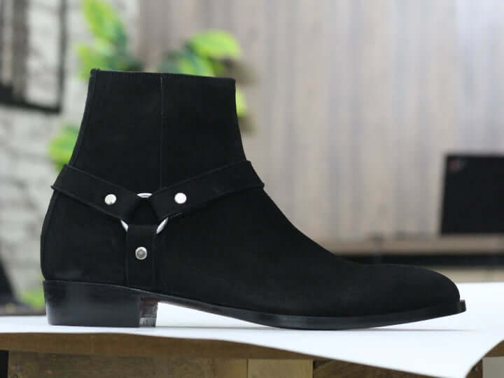 Handmade Men's Harness Boots, Black Suede Ankle Boots 