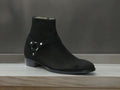 Handmade Men's Harness Boots, Black Suede Ankle Boots 