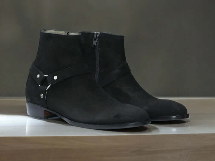 Handmade Men's Harness Boots, Black Suede Ankle Boots 