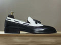 Men's Handmade Black and White Loafer with Tassel, Slip-On Leather Shoes