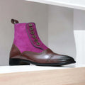 Handmade Men tow Tone Purple Brown Button Buckle Boots