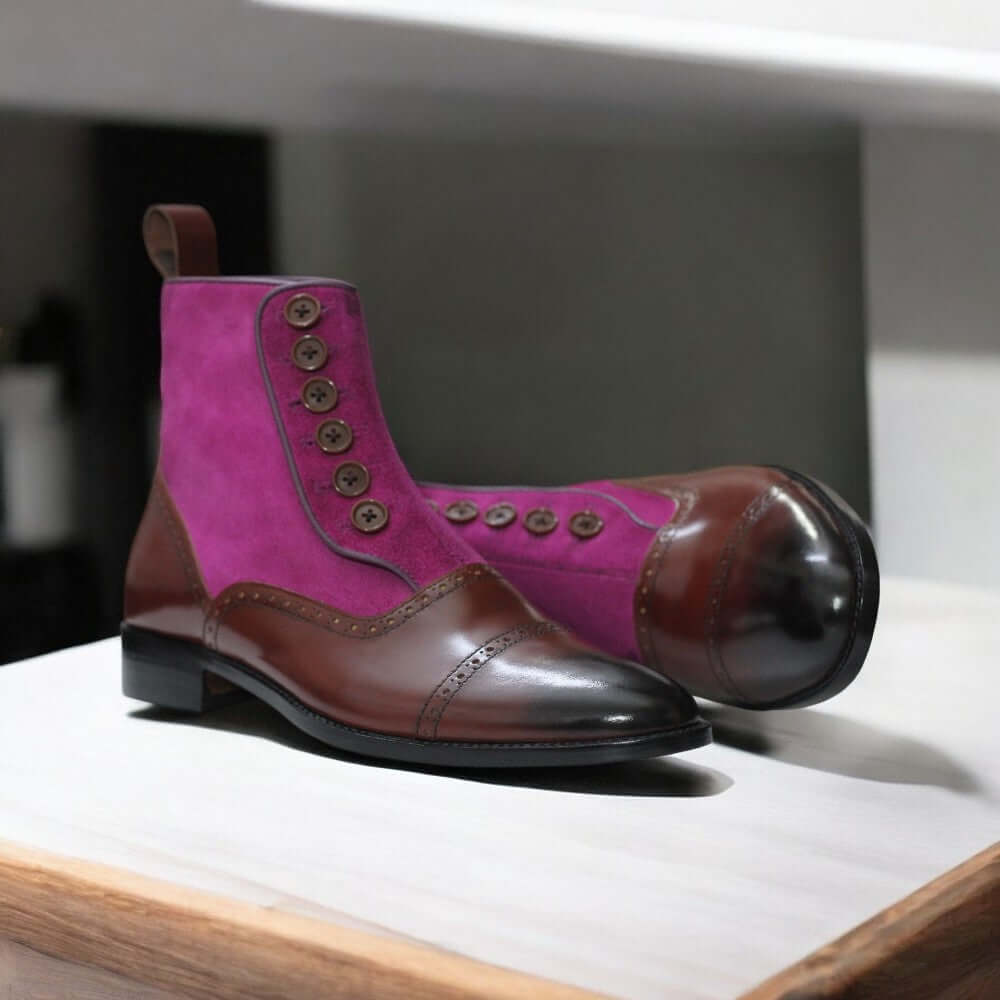 Handmade Men tow Tone Purple Brown Button Buckle Boots