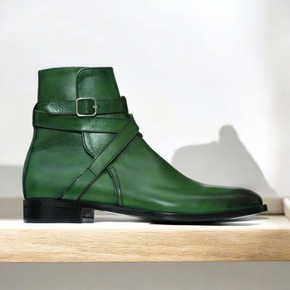 Handmade Men Green Jodhpur's Leather Boots, Men Buckle Designer Boots