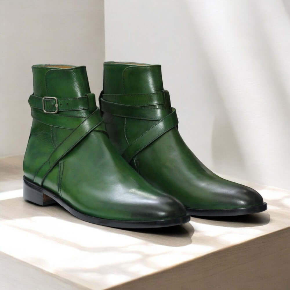 Handmade Men Green Jodhpur's Leather Boots, Men Buckle Designer Boots