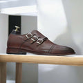 THE BURGUNDY Leather Toe Cap Triple Monk Strap Formal Shoes for Men