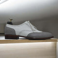 Men Handmade Wing Tip Brogue Grey White Oxford Brogue Shoes