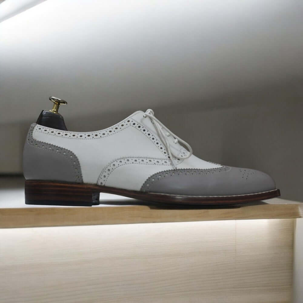 Men Handmade Wing Tip Brogue Grey White Oxford Brogue Shoes