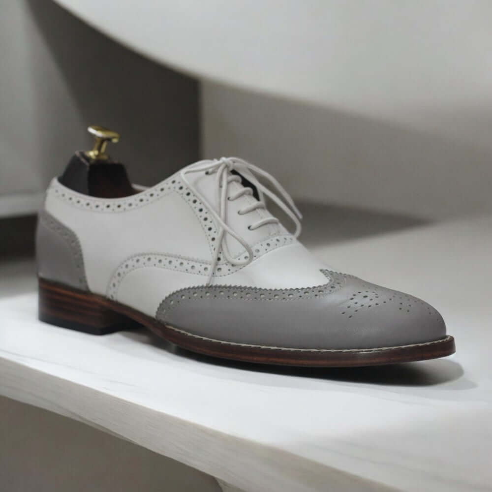 Men Handmade Wing Tip Brogue Grey White Oxford Brogue Shoes