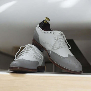 Men Handmade Wing Tip Brogue Grey White Oxford Brogue Shoes