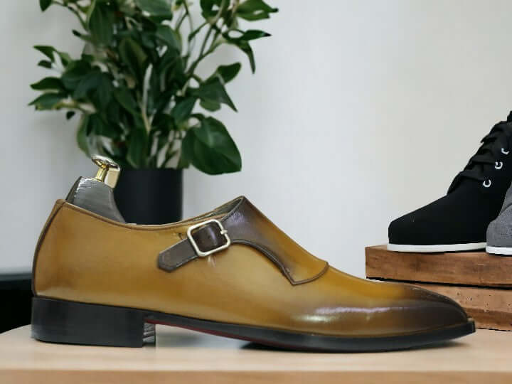 Expertly crafted and designed, these Tan Premium Single Strap Monk Shoes are the epitome of elegance and sophistication. Made with premium leather by skilled artisans, they offer the perfect combination of style and comfort. Elevate your wardrobe with these handmade men's shoes that are sure to make a statement.