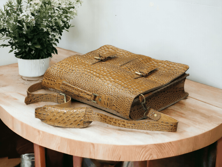 Handmade Tan Alligator Print Leather Bag