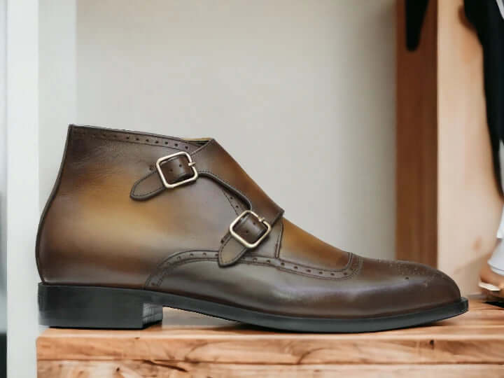 Bespoke Handmade Double Monk Boots, Vintage Look Buckle Ankle Boots