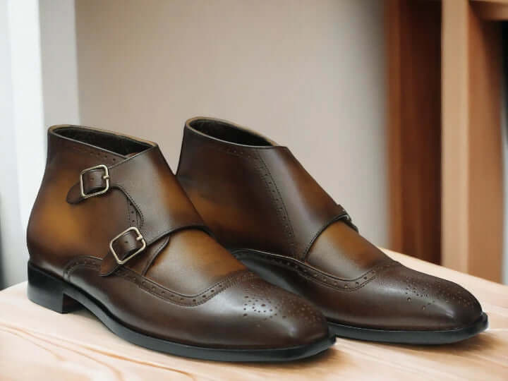 Bespoke Handmade Double Monk Boots, Vintage Look Buckle Ankle Boots