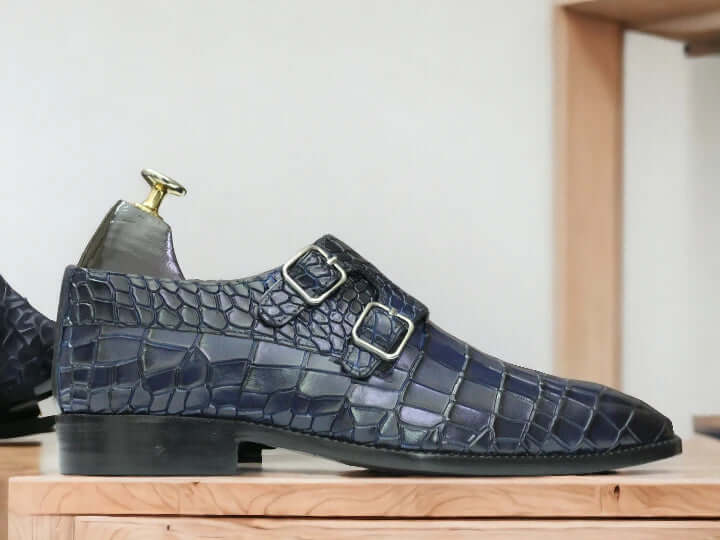 Blue Double Monk Alligator Shoes Buckle Strap Leather Shoes For MenStep into  sophistication with these blue alligator leather double monk shoes, boasting a stylish buckle strap design for men with discerning taste.