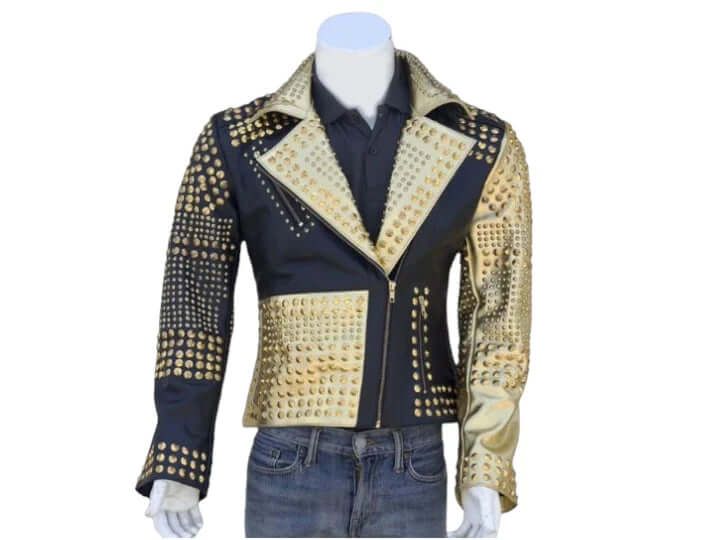 Woman Punk Brando Full Golden Studded Black Biker Leather Jacket - Luxury Shelfs